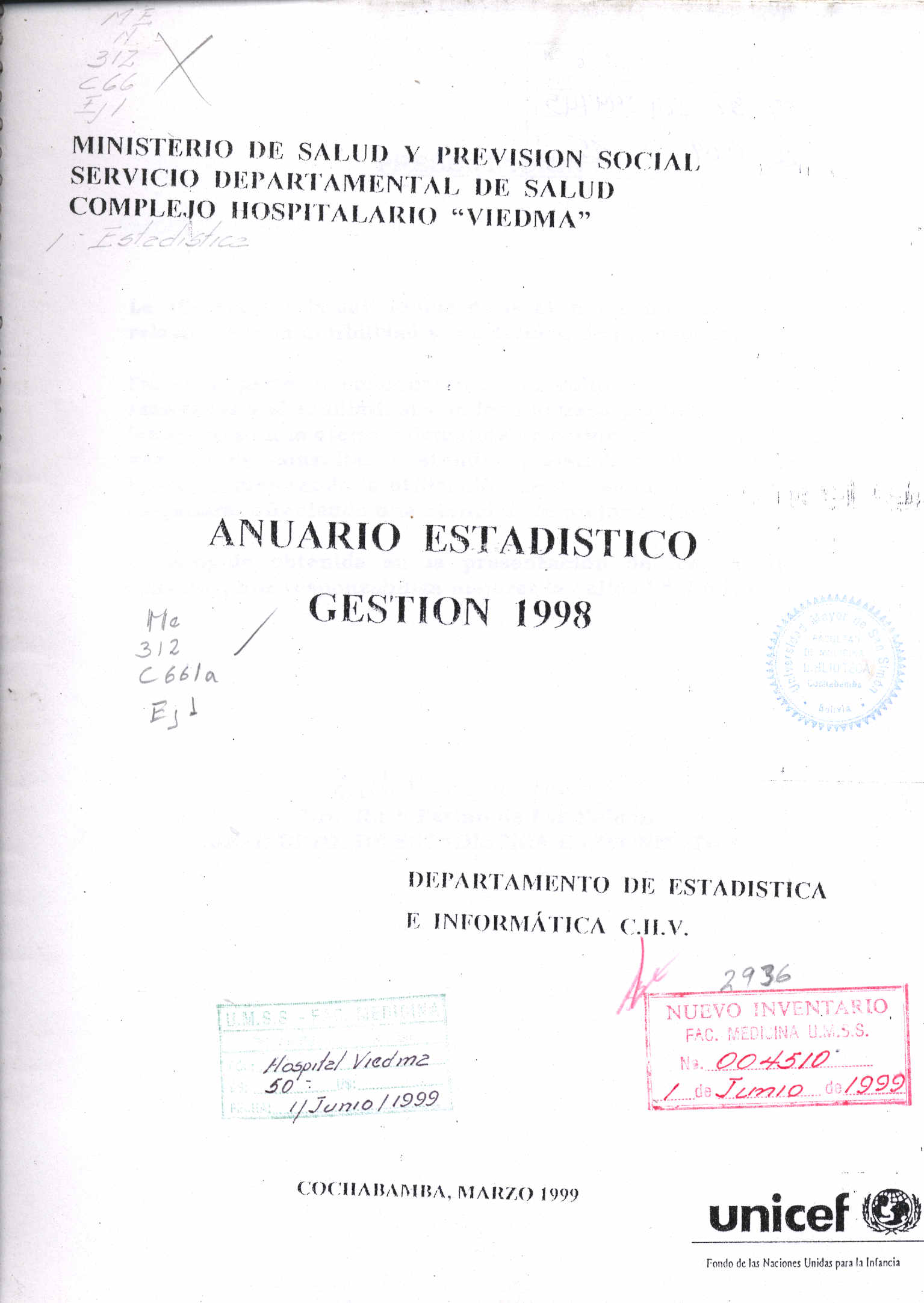 Anuario estadistico gestion 1998