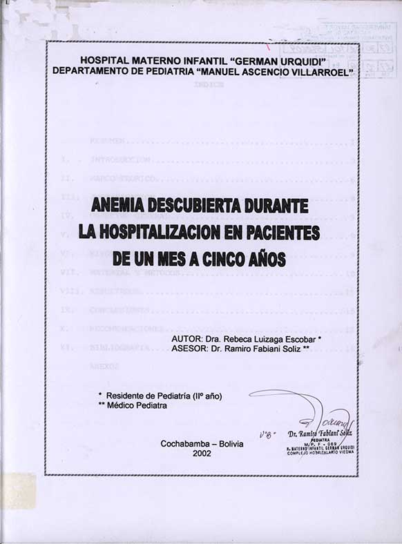 Anemia Descubierta Durante la Hospitalización en Pacientes de un Mes a Cinco Años