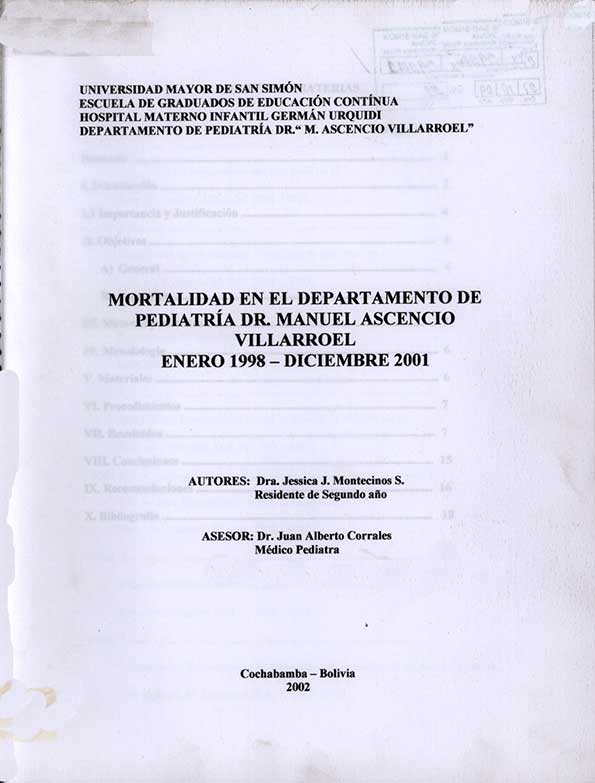 Mortalidad en el Departamento de Pediatria Dr. Manuel Ascencio Villarroel Enero 1998 - Diciembre 2001