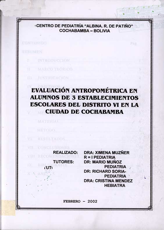 Evaluación antropomÚtrica en Alumnos de 3 Establecimientos Escolares del Distrito VI en la Ciudad de Cochabamba