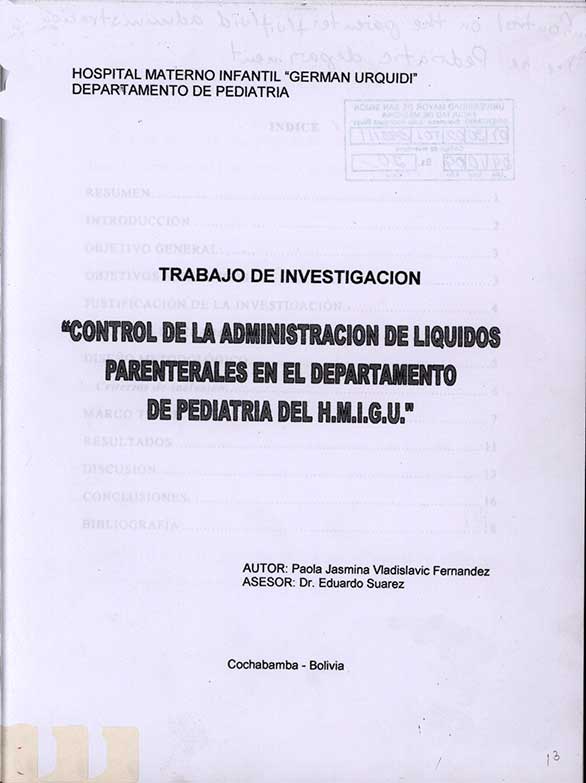Control de la Administración de Liquidos Parenterales en el Departamento de Pediatria del H. M. I. G. U