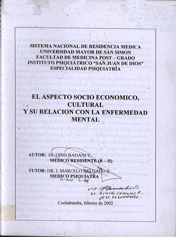El Aspecto Socio Economico, Cultural y su Relación con la Enfermedad Mental