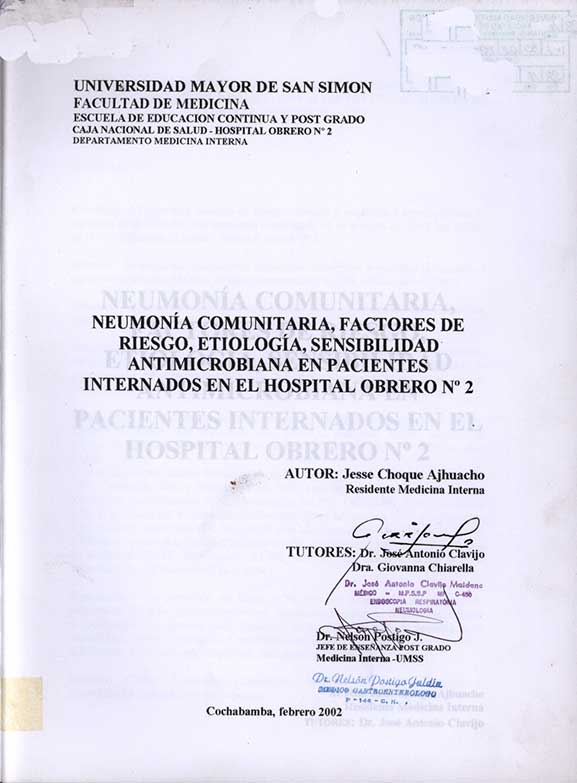 Neumonía Comunitaria, Factores de Riesgo, Etiología, Sensibilidad antimicrobiana en Pacientes Internados en el Hospital Obrero No 2