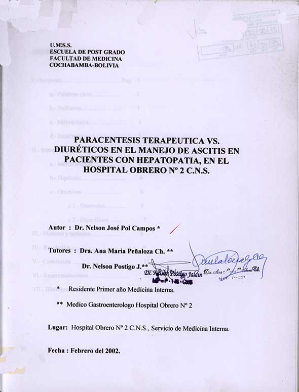 Paracentesis Terapéutico vs Diuréticos en el Manejo de Ascitis en Pacientes con Hepatopatía, en el Hospital Obrero No 2 C. N. S