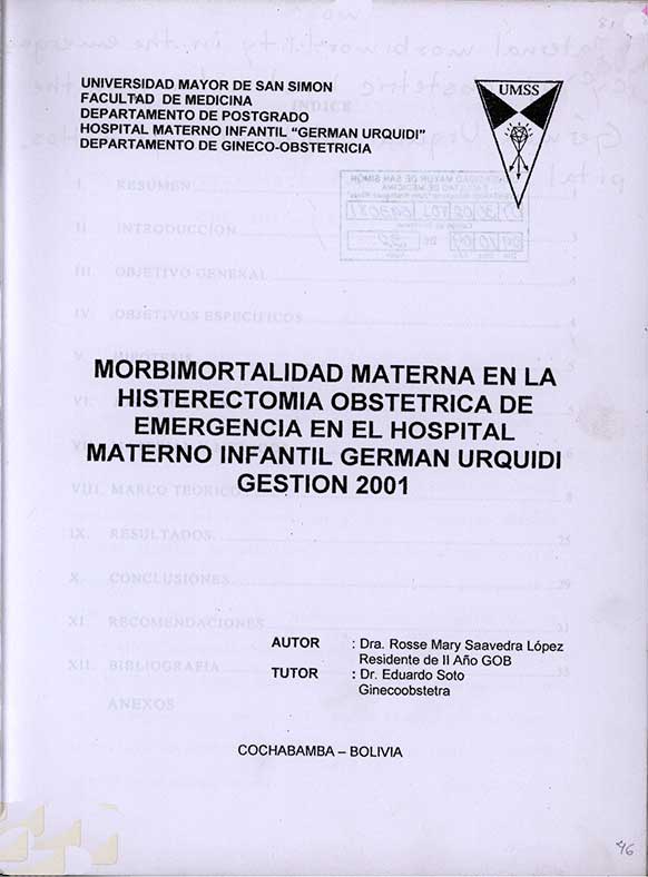 Morbimortalidad Materna en la Histerectomía Obstétrica de Emergencia en el Hospital Materno Infantil Germán Urquidi