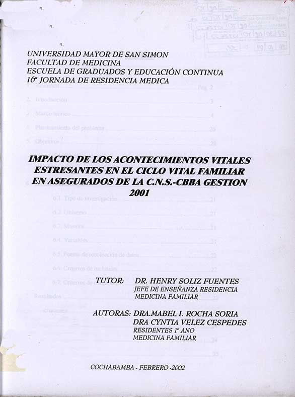 Impacto de los Acontecimientos Vitales Estresantes en el Ciclo Vital Familiar en Asegurados de la CNS-CBBA Gestión 2001