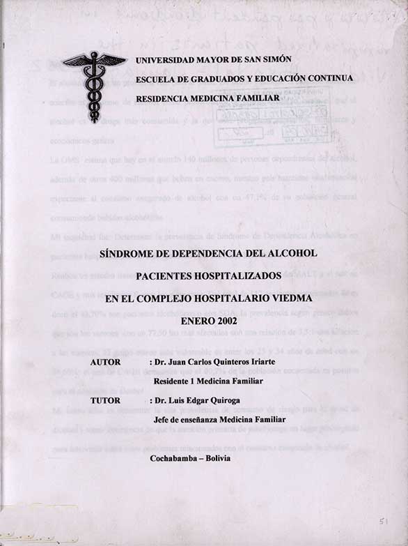 Síndrome de Dependencia del Alcohol Pacientes Hospitalizados en el Complejo Hospitalario Viedma Enero 2002