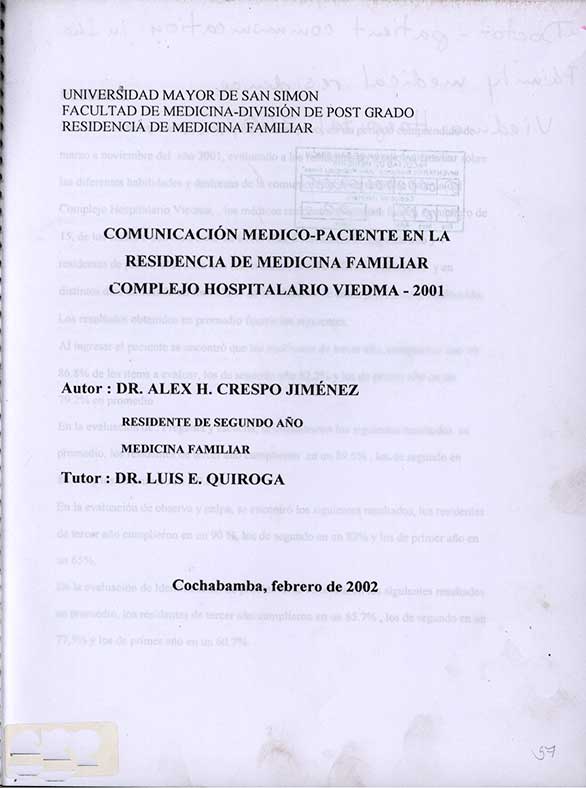 Comunicación Medico-Pacientes en la Residencia de Medicina Familiar Complejo Hospitalario Viedma - 2001