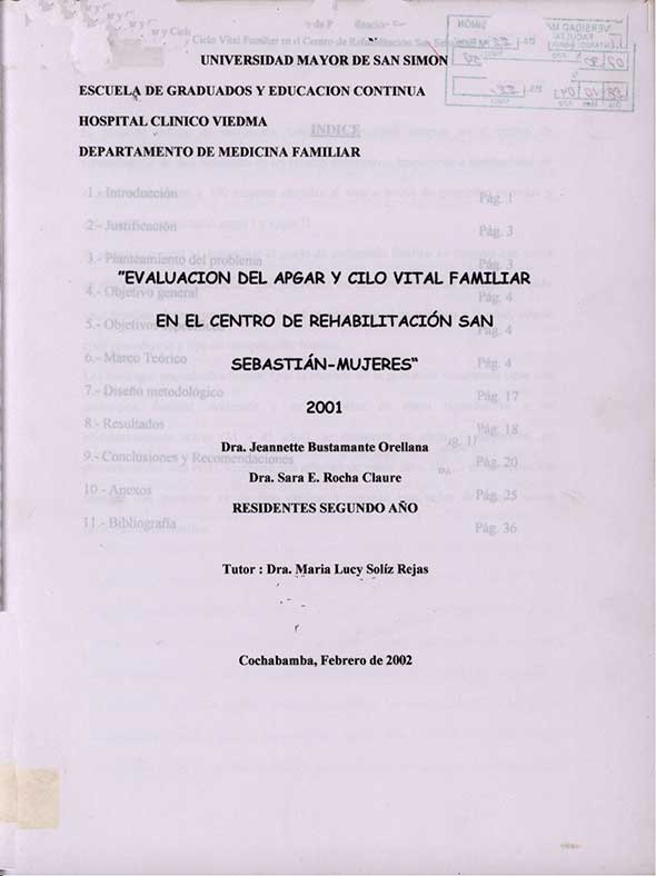 Evaluación del Apgar y Cilo Vital Familiar en el Centro de Rehabilitación San Sebastián-Mujeres