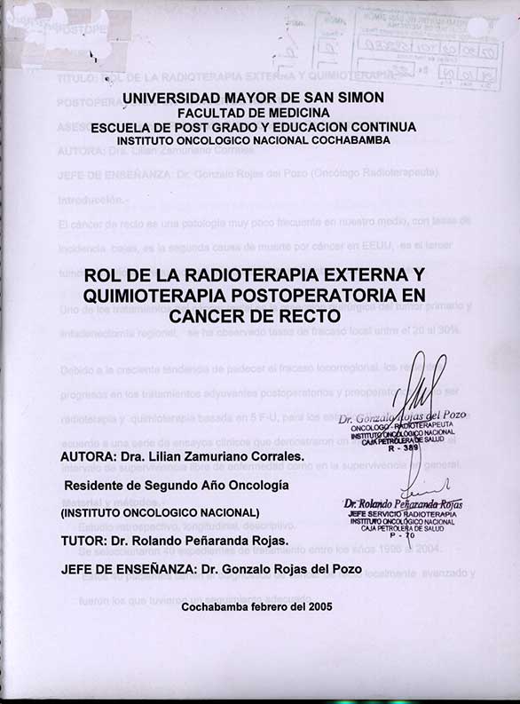 Rol de la Radioterapia externa y Quimioterapia Postoperatoria en Cáncer de Recto