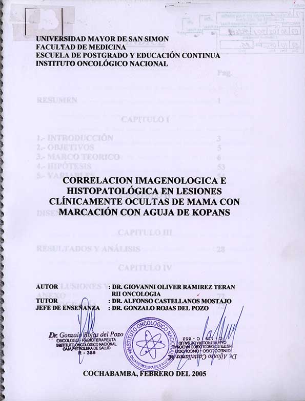 Correlación Imagenológico e Histopatológica en Lesiones Clínicamente ocultas de Mama con Marcación con Aguja de Kopans