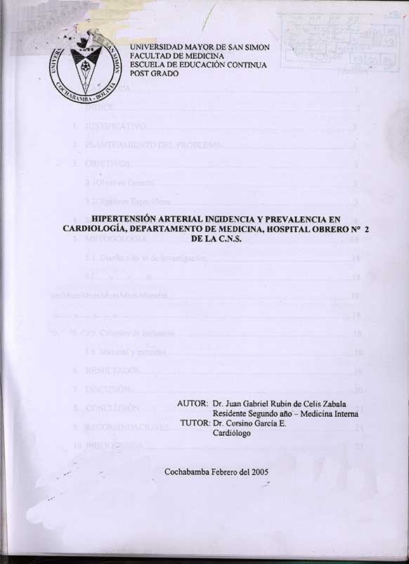 Hipertensión Arterial Incidencia y Prevalencia en Cardiologia, Departamento de Medicina, Hospital Obrero Nº 2 de la C. N. S