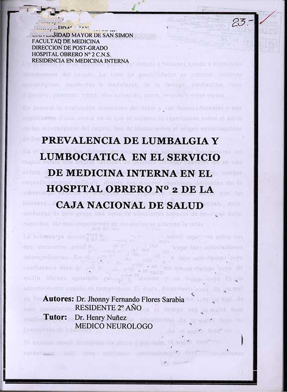 Prevalencfia de Lumbalgia y Lumbociatica en el Servicio de Medicina Interna en el Hospital Obrero Nº2 de la Caja Nacional de Salud