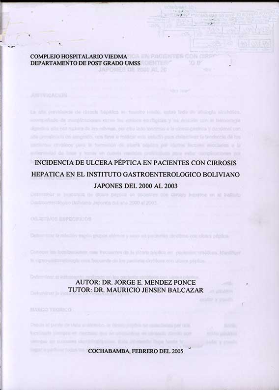 Incidencia de Ulcera Péptica en Pacientes con Cirrosis Hepática en el Instituto Gastroenterológico Boliviano Japonés del 2000 al 2003