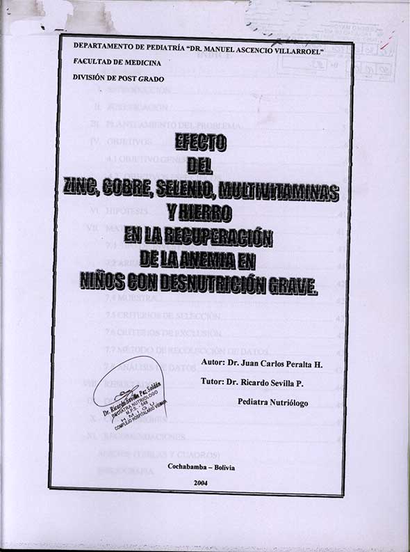 Efecto del Zinc, Cobre, Selenio, Multivitaminas y Hierro en la Recuperación de la Anemia en Niños con Desnutrición Grave