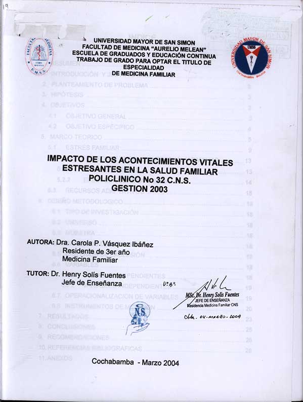 Impacto de los Acontecimientos Vitales Estresantes en la Salud Familiar Policlinico No 32 CNS Gestión 2003