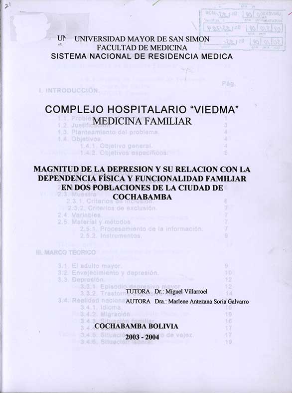 Magnitud de la Depresión y su Relación con la Dependencia Física y Funcional Familiar en Dos Poblaciones de la Ciudad de Cochabamba