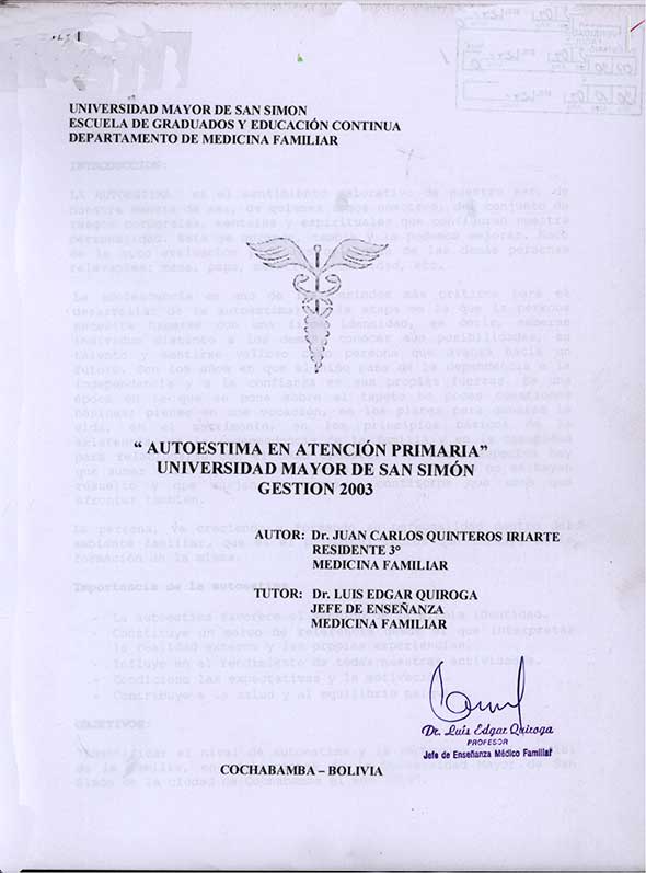 Autoestimación en Atención Primaria Universidad Mayor de San Simón Gestión 2003