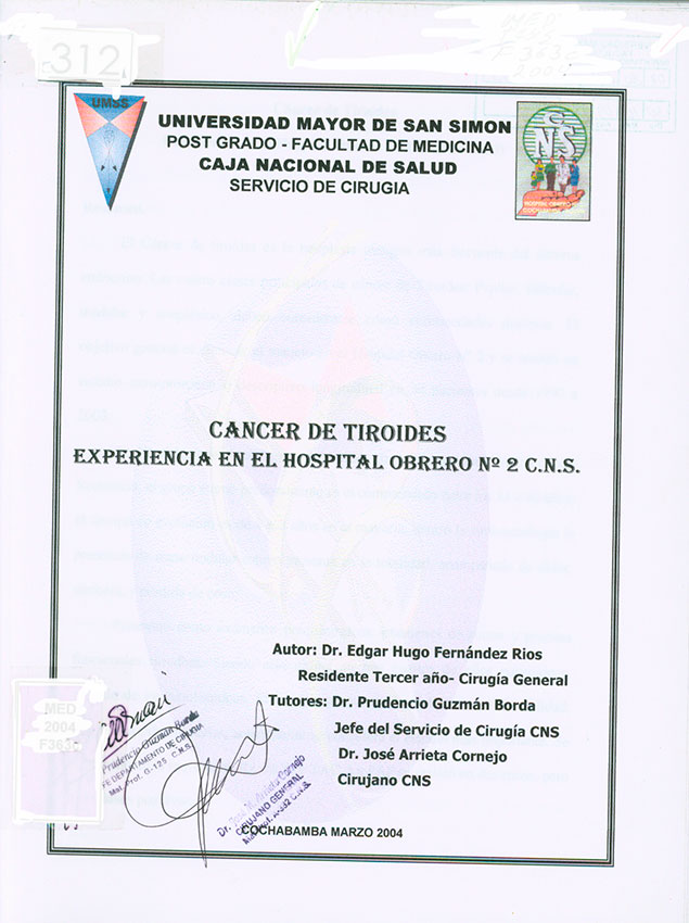 Cancer de Tiroides Experiencia en el Hospital Obrero Nº 2 CNS