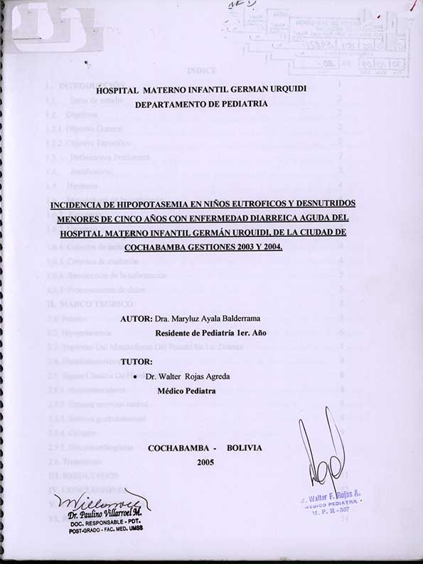 Incidencia de Hipopotasemia en Niños Eutroficos y Desnutridos Menores de Cinco Años Con Enfermedad Diarreica Aguda del Hospital Materno Infantil Germán Urquidi, De la Ciudad de Cochabamba