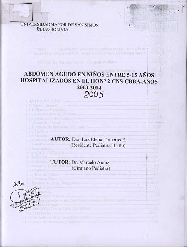 Abdomen Agudo en Niños Entre 5-15 Hospitalizados en el HONº 2 CNS-CBBA- Años 2003-2004