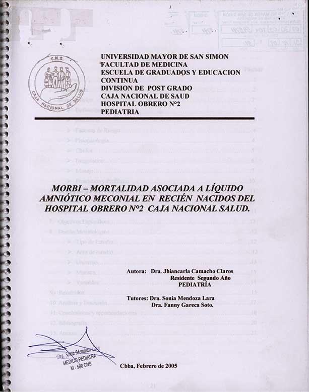Morbi - Mortalidad Asociada a Liquido Amniótico Meconial en Nacidos del Hospital Obrero Nº2 Caja Nacioanl Salud