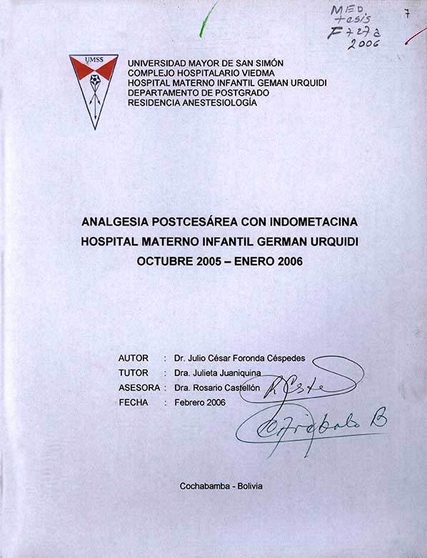 Analgesia Postcesária con Indometacina Hospital Materno Infantil German Urquidi