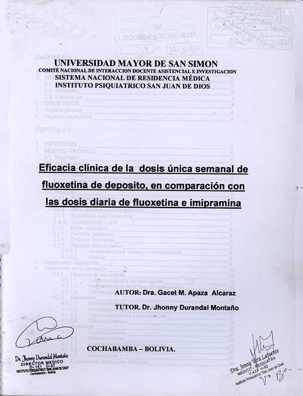 Eficacia Clínica de la Dosis Única Semanal de Fluoxetina de Deposito, en Comparación con las Dosis diaria de Fluoxetina e Imipramina