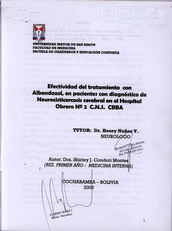 Efectividad del Tratamiento con Albendazol, en Pacientes con Diagnóstico de Neurocisticercosis cerebral en el Hospital Obrero Nº 2 CNS CBBA