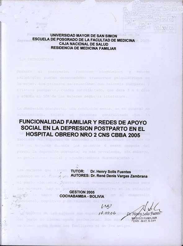 Funcionalidad Familiar y Redes de Apoyo Social en La Depresión Postparto en el Hospital Obrero Nro 2 CNS CBBa 2005