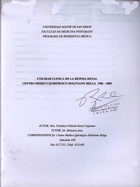Utilidad Clinica de la Biopsia Renal Centro Medico Quirúrgico Boliviano Belga 1986 - 2005