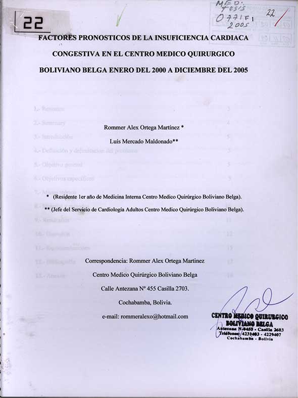 Factores Pronosticos de la Insuficiencia Cardiaca Congestiva en el Centro Medico Quirurgico Boliviano  Belga Enero del 2000 a Diciembre del 2005