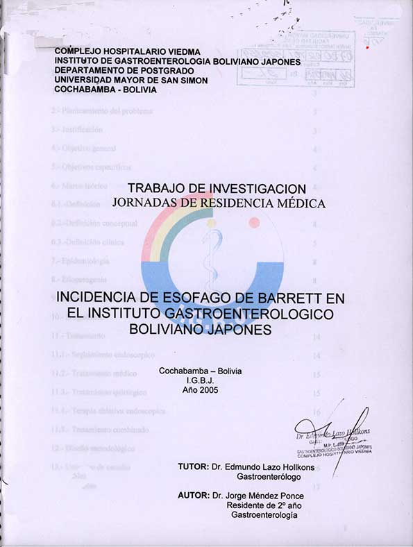 Incidencia de Esofago de Barrett en el instituto Gastroenterologico Boliviano Japones