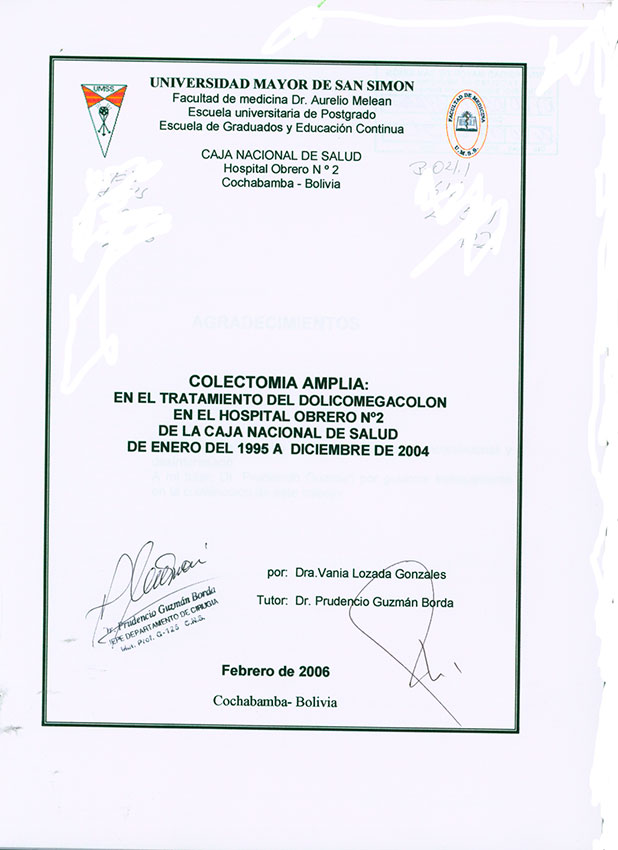 Colectomia Amplia: en el Tratamiento del Dolicomegacolon en el Hospital Obrero Nº 2 de la Caja Nacional de Salud de Enero del 1995 a Diciembre de 2004