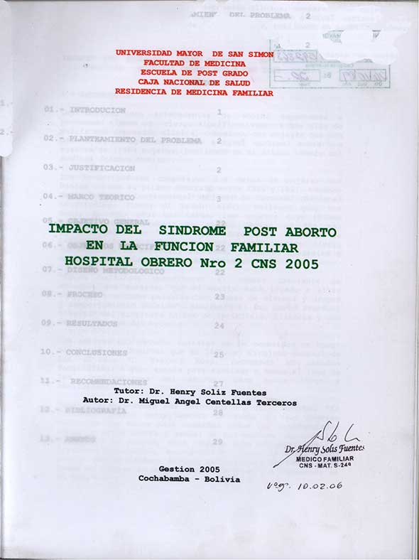 Impacto del Sindrome Post Aborto en la Función Familiar Hospital Obrero Nº 2 CNS 2005