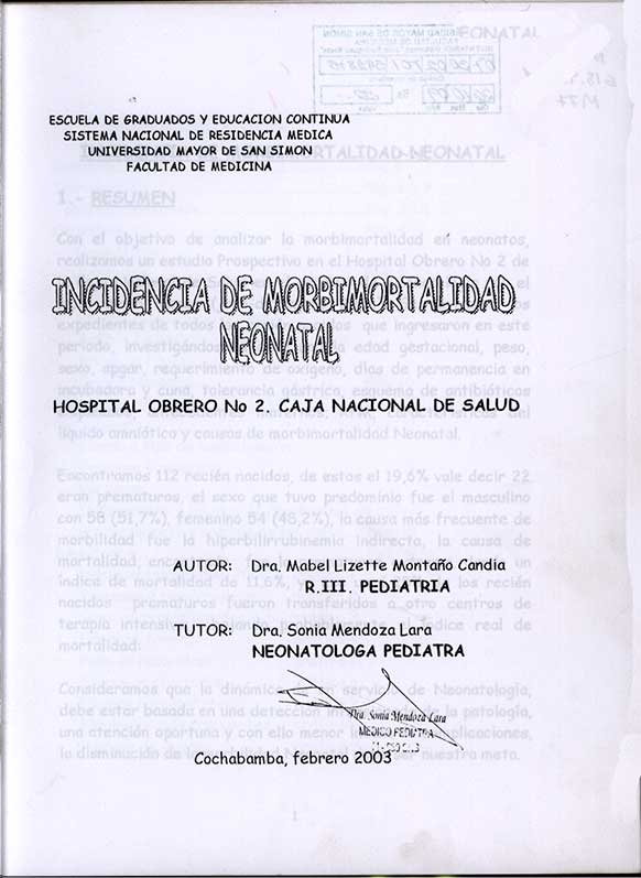 Incidencia de Morbimortalidad Neonatal
