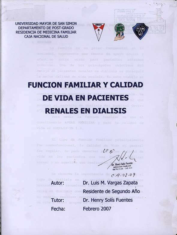 Función Familiar y calidad de vida en pacientes Renales en Dialisis