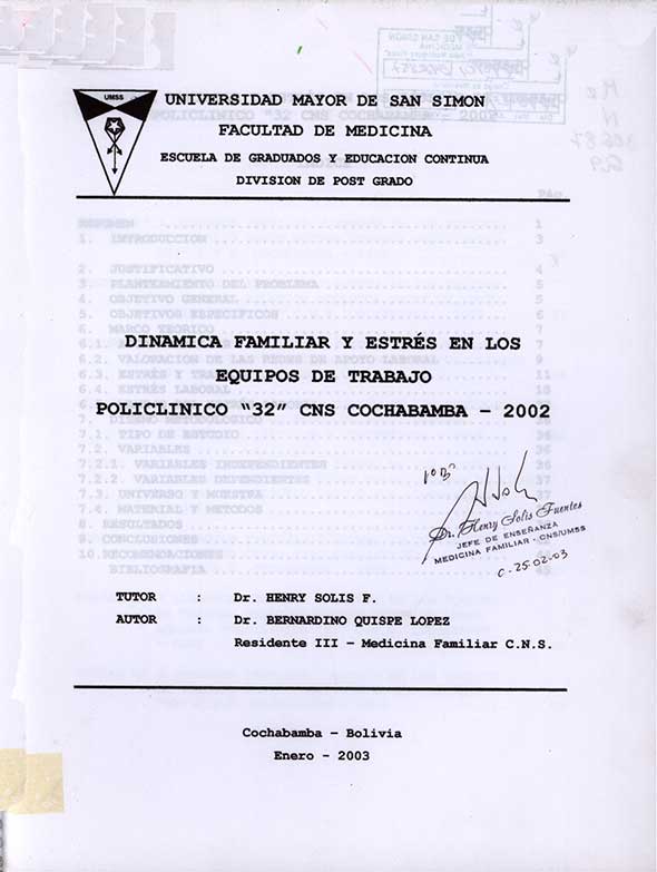 Dinamica familiar y estres en los equipos de trabajo policlinico 32 CNS Cochabamba