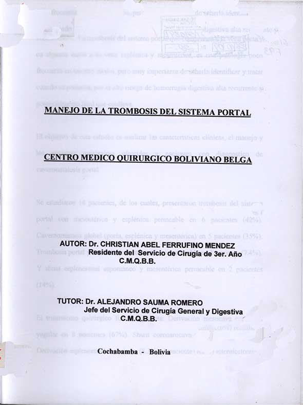 Manejo de la Trombosis del sistema portal centro medico quirurgico boliviano belga