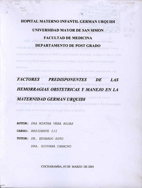 Factores predisponentes de las hemorragias obstetricas y manejo en la maternidad German Urquidi