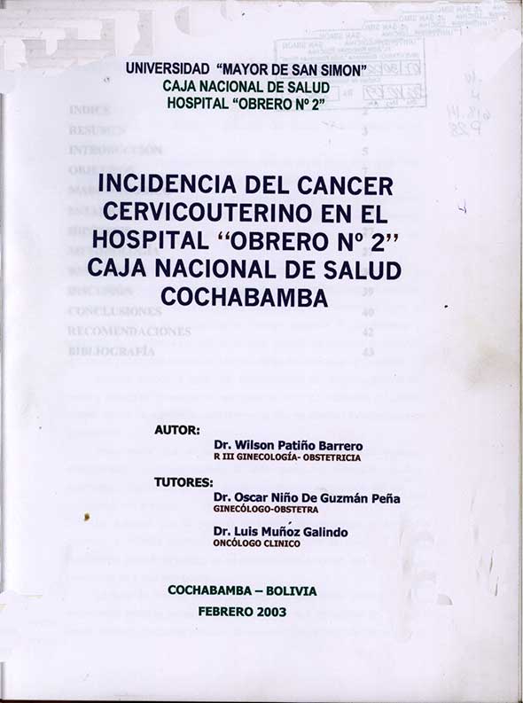 Incidencia del cancer cervicouterino en el Hospital Obrero Nº2 CNS Cochabamba