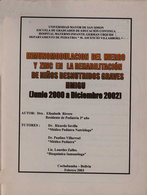Inmunomodulacion del Hierro y Zinc en la rehabilitación de niños desnutridos graves HMIGU Junio 2000 a Diciembre 2002
