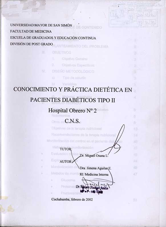 Conocimiento y practica dietética en pacientes diabéticos tipo II, Hospital Obrero Nº 2 CNS