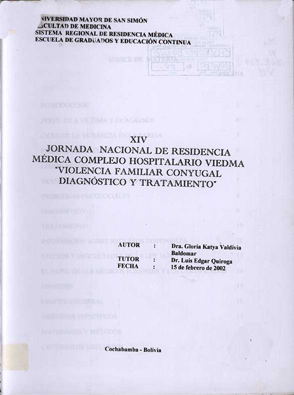 "XIV Jornada nacional de residencia medica complejo hospitalario Viedma "" Violencia Familiar conyugal Diagnostico y tratamiento"