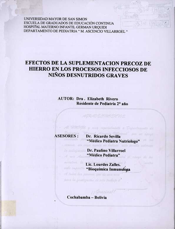 Efectos de la suplementación precoz de hierro en los procesos infecciosos de niños desnutridos Graves