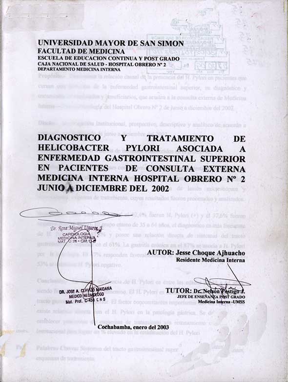 Diagnostico y tratamiento de helicobacter pylori asociada a enfermedad gastrointestinal superior en pacientes de consulta externa Medicina interna Hospital Obrero Nº 2 Junio a Diciembre del 2002