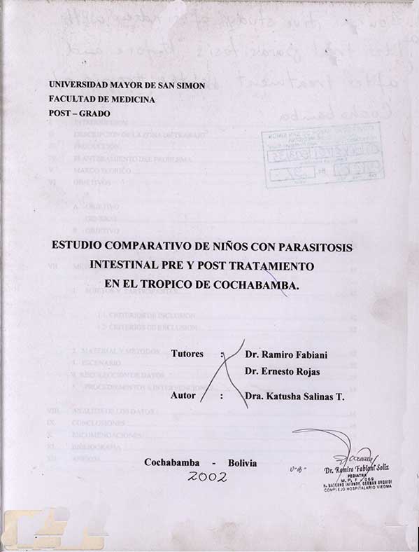 Estudio comparativo de niños con parasitosis intestinal pre y post tratamiento en el trópico de cochabamba