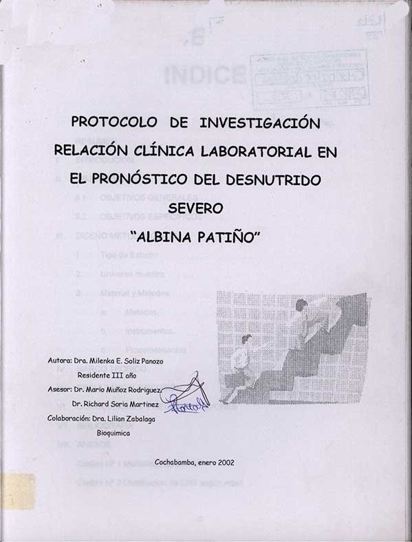 "Protocolo de investigación relación clínica laboratorial en el pronostico del desnutrido severo "Albina Patiño"