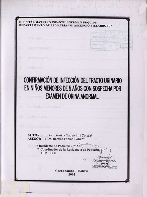 Confirmación de infección del tracto urinario en niños menores de 5  años con sospecha por examen de orina anormal