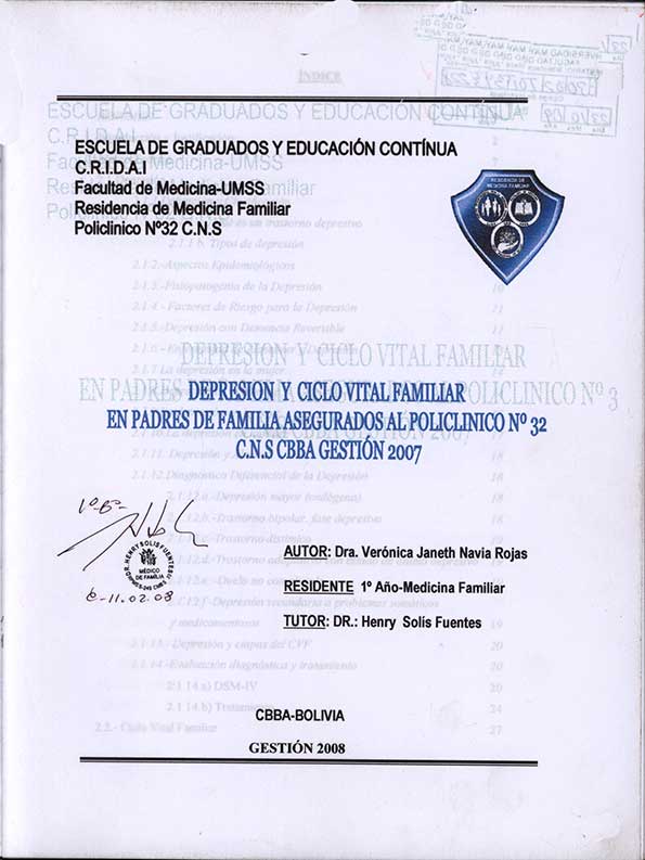 Depresión y Ciclo Vital Familiar En Padres de Familia asegurados al policlinico n° 32 C. N. S. CBBA Gestión 2007